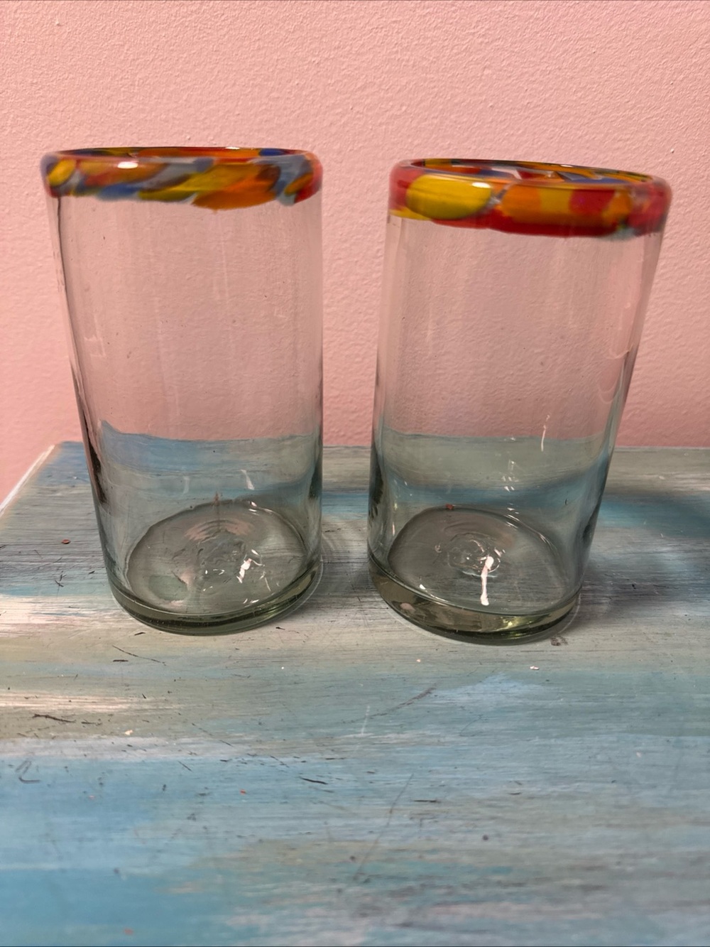 Hand-Blown Glass Tumblers with Multicolor Rim - Set of 2